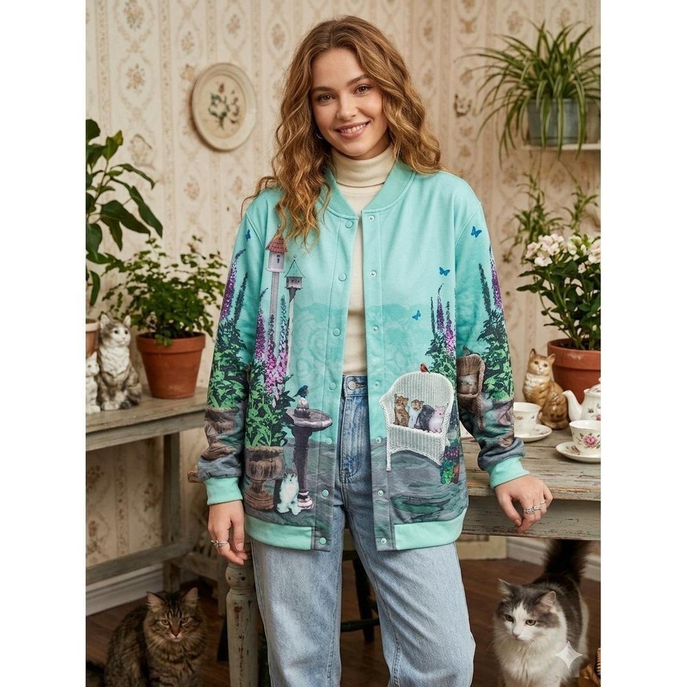 Blair Vintage Style Garden Kitten Snap Front Bomber Jacket Teal Large 5170684